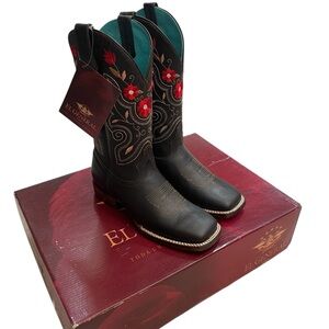 El General Brown Leather Red Embroidered Floral Cowgirl Western Boots Size 6.5